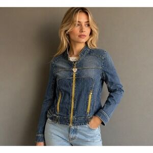 Luella for Target Denim Moto Jacket‎ Blue Yellow Zip Heart Pull XL 2006 Collab